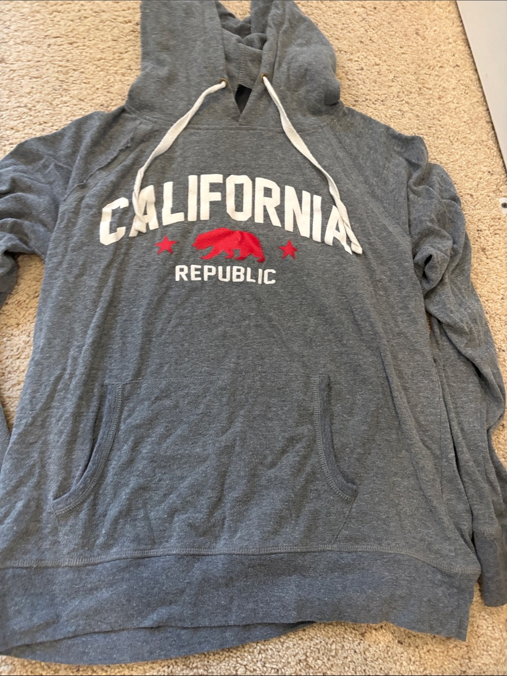 California Republic Gray Hooded Pullover with Red Bear Graphic
